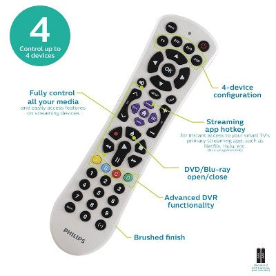 Philips 4-Device Universal Remote Control Pearl White: Home Theater Accessory