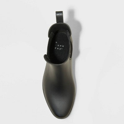 Women's Chelsea Rain Boots - A New Day Black 9: Waterproof Ankle Block Heel, Pull-On Style
