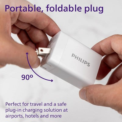 Philips 3 Port Fast Charging Wall Charger With Usb-A And Usb-C: 65W Power Adapter