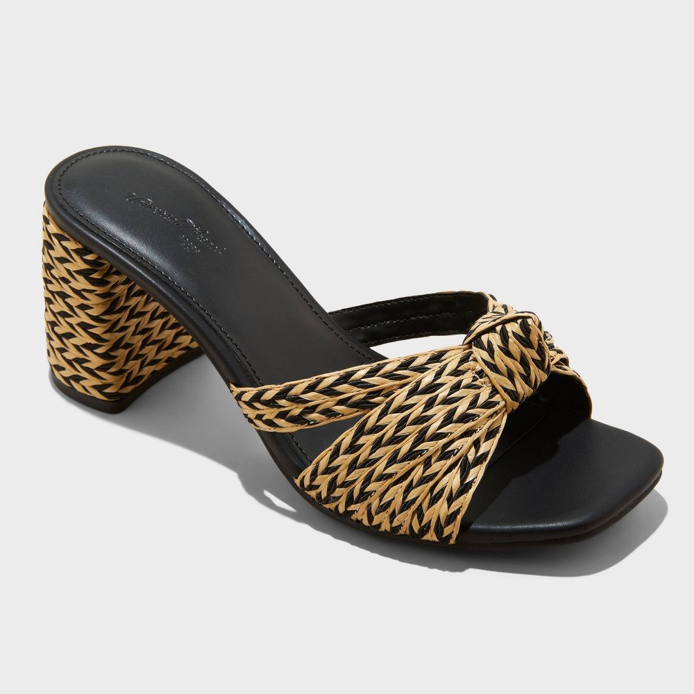 Women's Aaliyah Raffia Strappy Knot Sandal Heels - Universal Thread Black 9: Slip-On, Block Heel, Open Square Toe