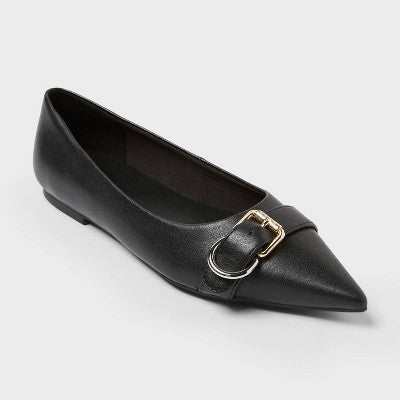 Women’s Valentina Pointed Toe Buckle Ballet Flats With Memory Foam Insole – A New Day Black 9: Medium Width, Pull-On Style