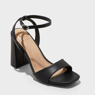Women's Haley Ankle Strap Single Band Flare Heels With Memory Foam Insole - A New Day Black 6: Cushioned Square Toe, Block Heel