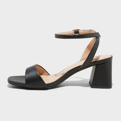 Women's Shannon Heels With Memory Foam Insole - A New Day Silver 6.5: Ankle Strap Sandals, Block Heel, Open Toe