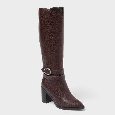 Women’s Rhonda Under Knee Heeled Boots with Memory Foam Insole - A New Day Burgundy 7.5