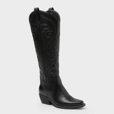 Women’s Kenzie Wide Calf Tall Western Boots with Memory Foam Insole – Wild Fable Jet Black 8.5WC: Knee High, Block Heel