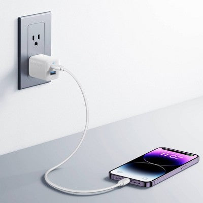 Anker 2-Port 32W Wall Charger With 6' Lightning To Usb-C Cable - White: Quick Charge Usbc Block