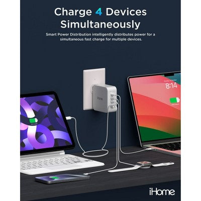 Ihome 140W Gan Charger, 3 Usb-C Power Delivery Ports & 1 Usb-A, 4-Port Compact Wall Charger For Laptop, White