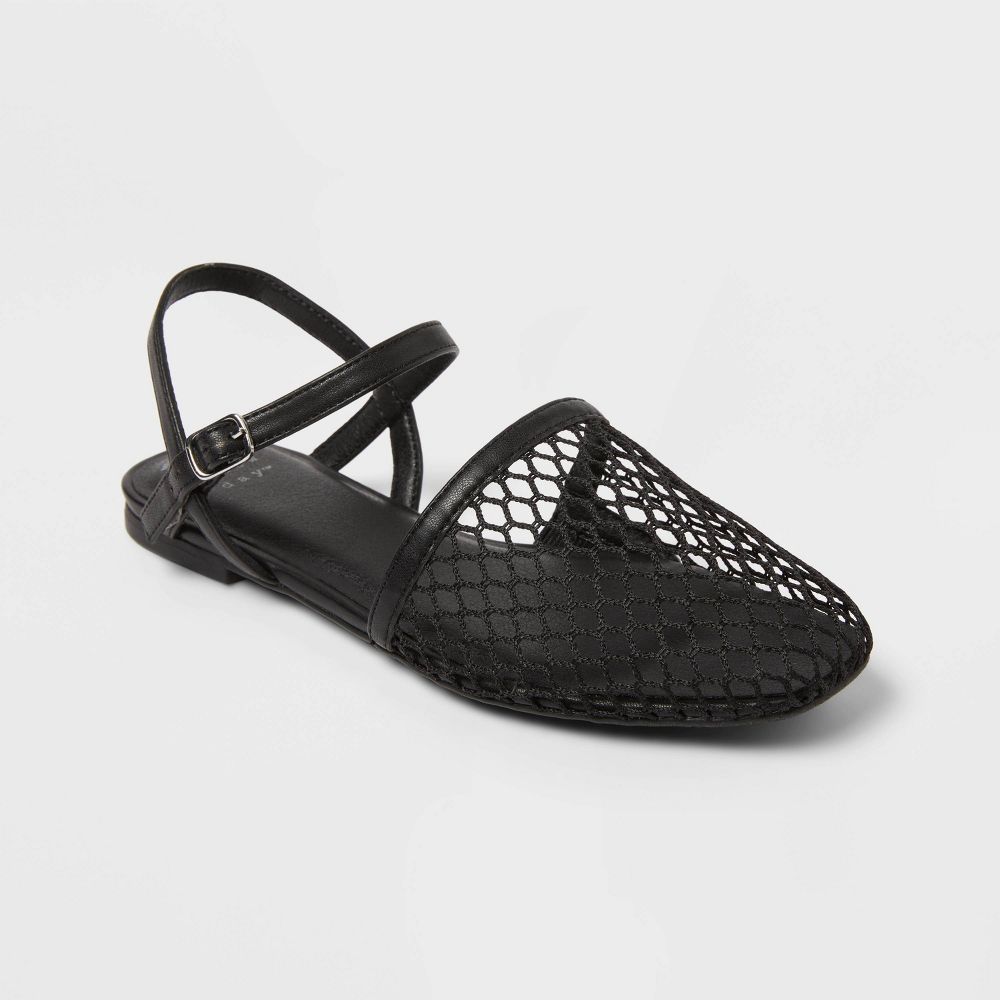 Women's Vanna Fishnet Slingback Flats With Memory Foam Insole - A New Day Black 9.5: Mesh Almond Toe, Buckle Closure - Used Good U001