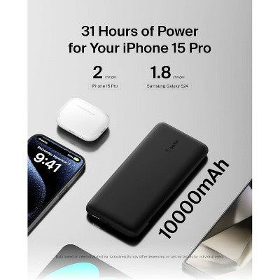 Belkin 10000 Mah 23W Power Bank Usb-C + Lightning Cables + Usb-C Port - Black