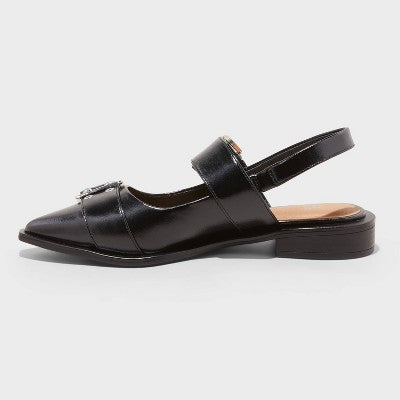Women's Peyton Double Buckle Slingback Flats With Memory Foam Insole - Wild Fable Black 8.5: Medium Width, Block Heel