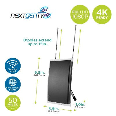 Philips Crystal Hd Indoor Amplified Tv Antenna With 6' Coaxial Cable – Black: Digital Signal, 50 Mile Range