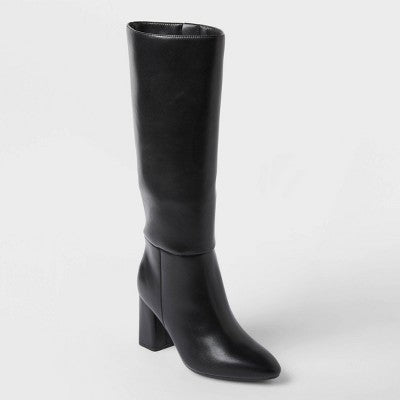 Women’s Wide Width & Calf Evangeline Under Knee Heeled Boots with Memory Foam Insole - A New Day Black 8WC