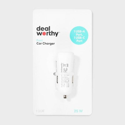 2-Port 25W Car Charger - Dealworthy White: Usb & Usb-C Car Adapter