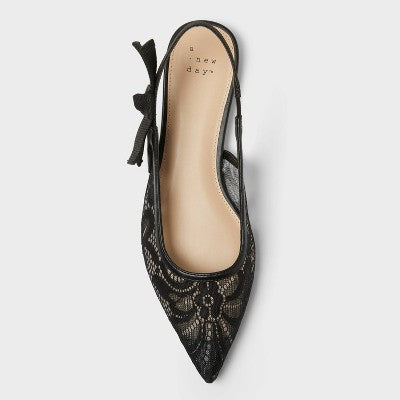 Women's London Lace Sling Back Bow Flats - A New Day Black 7: Cushioned Insole, Pointed Toe