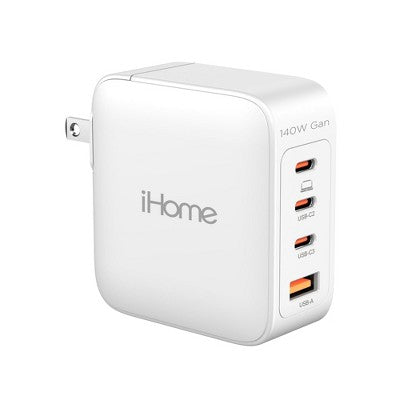 Ihome 140W Gan Charger, 3 Usb-C Power Delivery Ports & 1 Usb-A, 4-Port Compact Wall Charger For Laptop, White