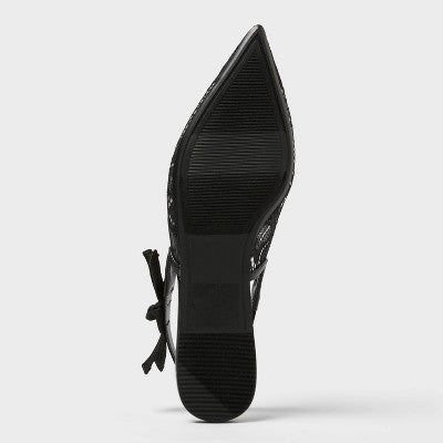 Women's London Lace Sling Back Bow Flats - A New Day Black 7: Cushioned Insole, Pointed Toe
