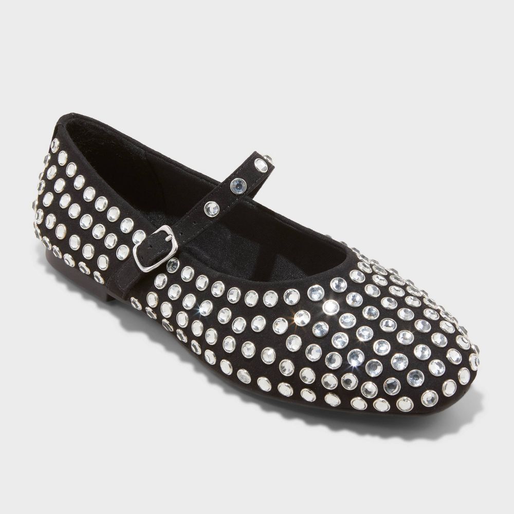Women's Issa Rhinestone Mary Jane Ballet Flats - A New Day Black 9.5: Solid Pattern, Pull-On Style
