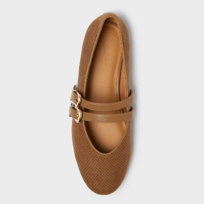 Women’s Henrietta Double Strap Mary Jane Flats With Memory Foam Insole – Universal Thread Taupe 10