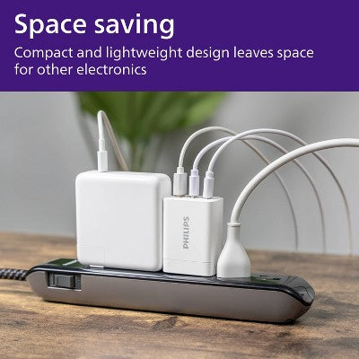 Philips 3 Port Fast Charging Wall Charger With Usb-A And Usb-C: 65W Power Adapter