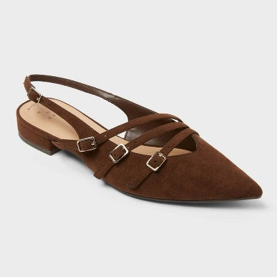 Women's Twiggy Multi Buckle Mini Heel Flats With Memory Foam Insole - A New Day Brown 8: Faux Suede, Pointed Toe - Like New U001