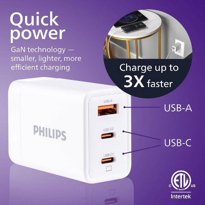 Philips 3 Port Fast Charging Wall Charger With Usb-A And Usb-C: 65W Power Adapter