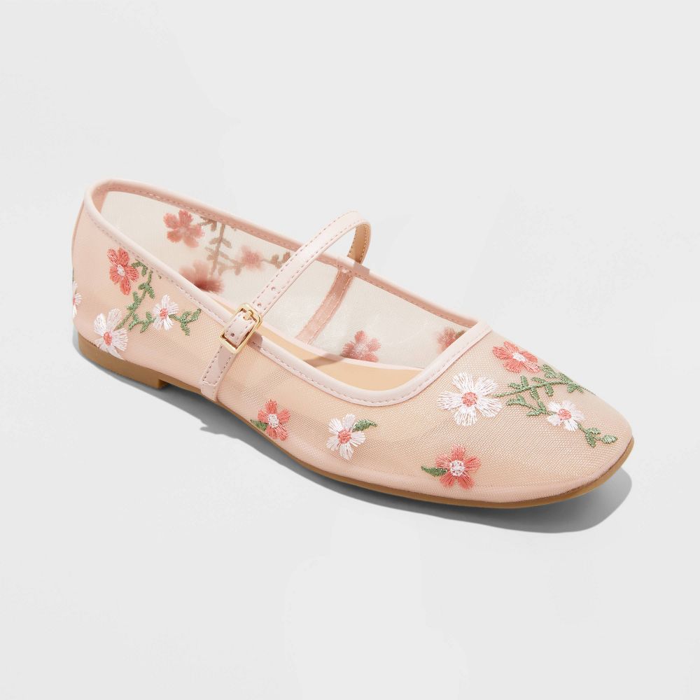 Women's Elsa Floral Mesh Mary Jane Flats - Wild Fable Pink 7.5: Buckle Closure, Memory Foam Insole, Textured Outsole