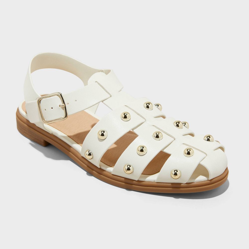 Women's Winnie Studded Fisherman Sandals - Universal Thread Off-White 6.5: Adjustable Buckle Strap, Closed Round Toe