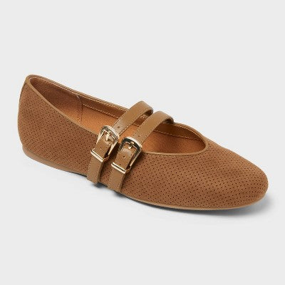 Women’s Henrietta Double Strap Mary Jane Flats With Memory Foam Insole – Universal Thread Taupe 10
