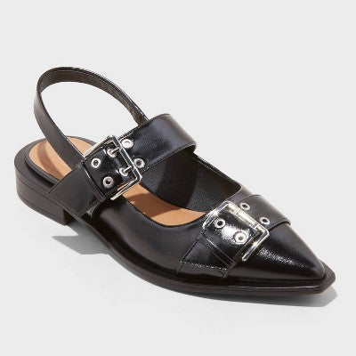 Women's Peyton Double Buckle Slingback Flats With Memory Foam Insole - Wild Fable Black 8.5: Medium Width, Block Heel