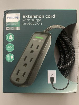 Philips 8' 3-Outlet Grounded Extension Cord - Black: 13 Amps, 14 Awg Wire Gauge