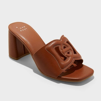 Women's Arden Chop Out Block Heels With Memory Foam Insole - A New Day Cognac 6: Slip-On, Open Toe, Medium Width