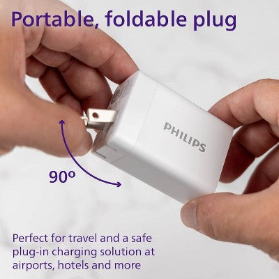 Philips 3 Port Fast Charging Wall Charger With Usb-A And Usb-C: 65W Power Adapter