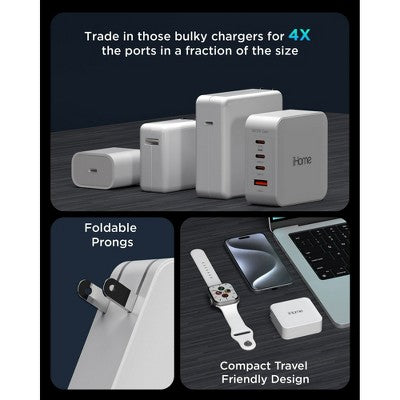 Ihome 140W Gan Charger, 3 Usb-C Power Delivery Ports & 1 Usb-A, 4-Port Compact Wall Charger For Laptop, White