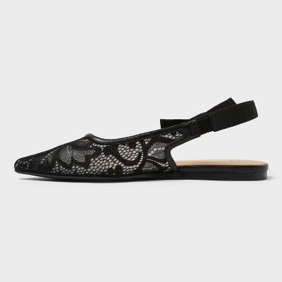 Women's London Lace Sling Back Bow Flats - A New Day Black 7: Cushioned Insole, Pointed Toe