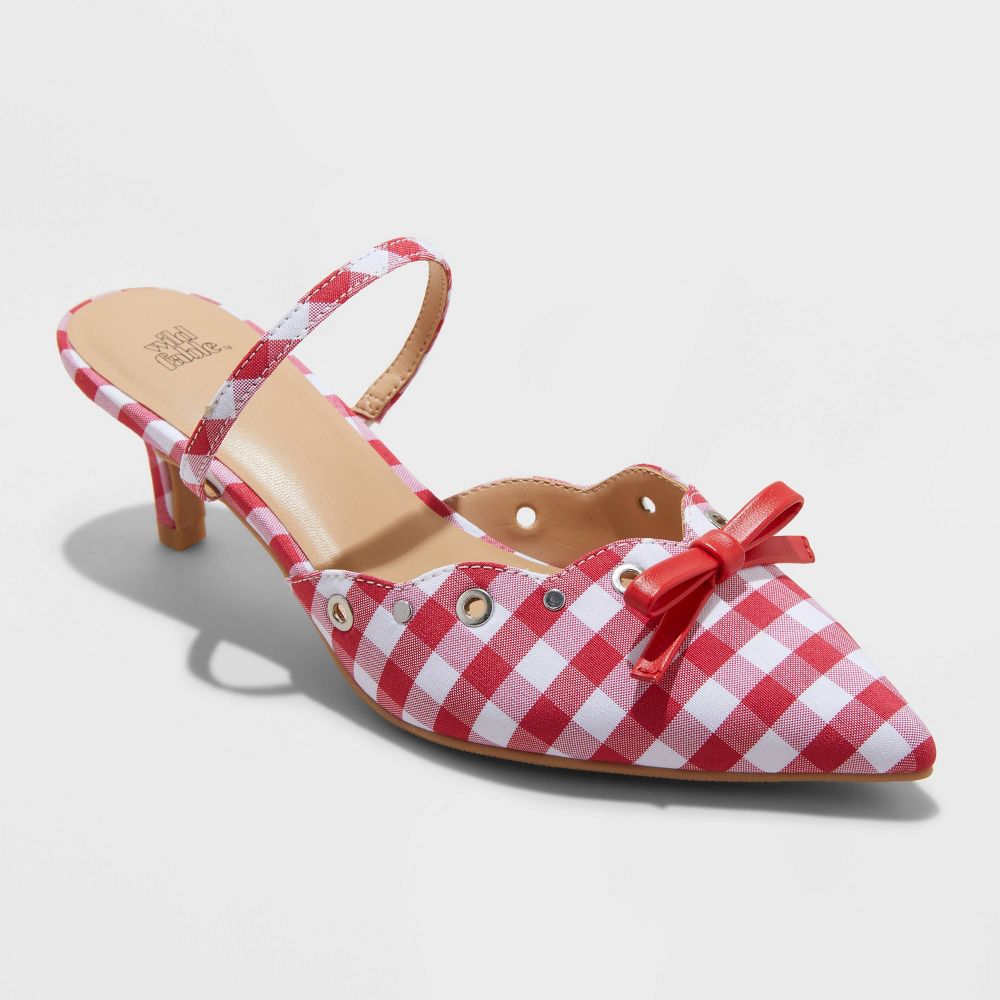 Women's Lysandra Gingham Eyelet Kitten Heels - Wild Fable Red 8: Slip-On, Pointed Toe, Louis Heel