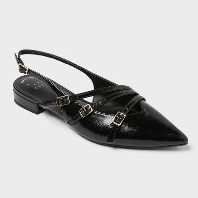 Women's Twiggy Multi Buckle Mini Heel Flats With Memory Foam Insole - A New Day Brown 7.5: Faux Suede, Pointed Toe