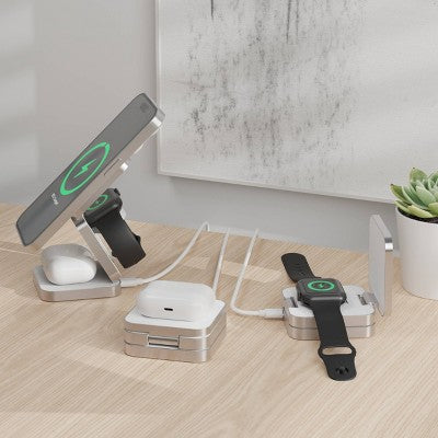 Just Wireless 3-In-1 Magnetic Collapsible Wireless Charger - White: Usb-C, 15W Output, Magsafe Compatible