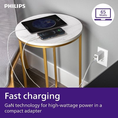 Philips 3 Port Fast Charging Wall Charger With Usb-A And Usb-C: 65W Power Adapter