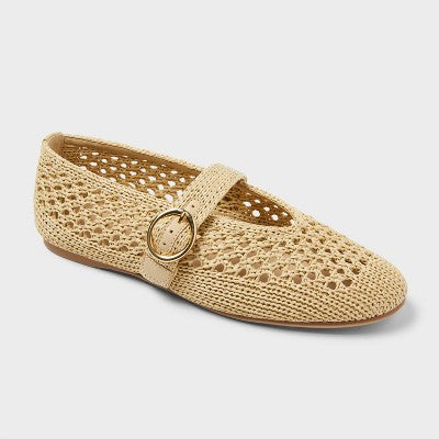 Women's Sia Knit Woven Mary Jane Flats - Universal Thread Beige 7.5: Cushioned Insole, Buckle Closure, Textured Outsole