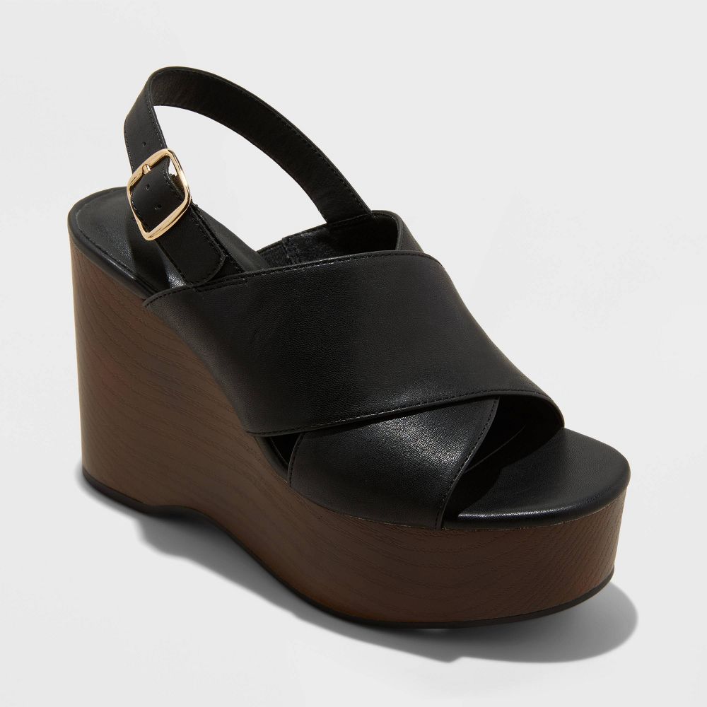Women's Naomi Wood Wedge Heels with Memory Foam Insole - Universal Thread Black 8.5: Ankle Strap, Open Round Toe, Buckle Closure