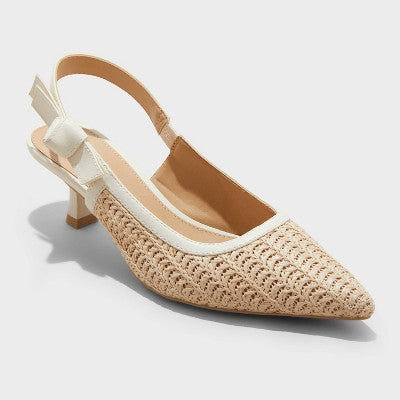Women's Milan Raffia Slingback Heels - A New Day Beige 8.5: Cushioned Insole, Pointed Toe, Medium Width