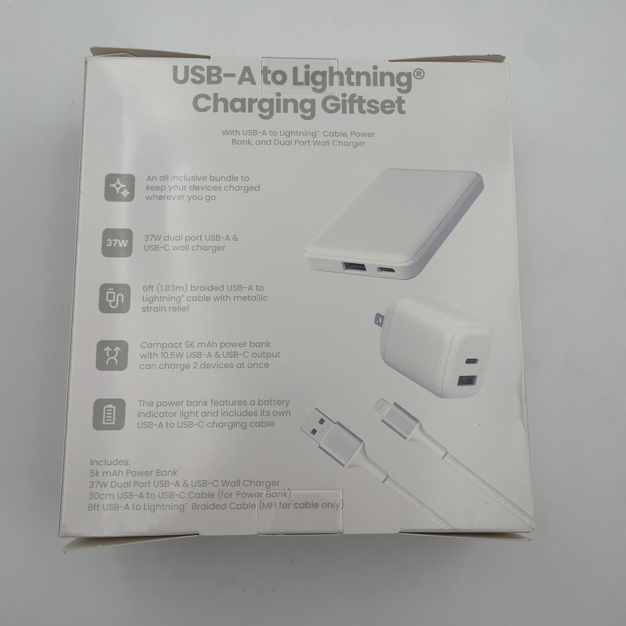 Gems Usb-A To Lightning Charging Gift Set With 5000Mmah Power Bank, Cable, And Wall Charger - White (Please Be Advised That Sets May Be Missing Pieces Or Otherwise Incomplete.)