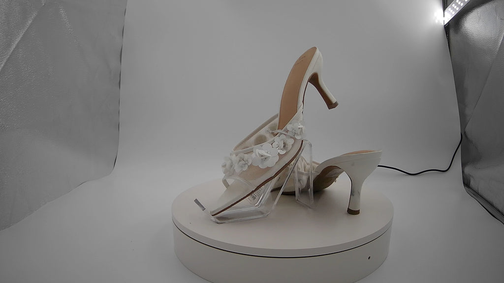 Women's Lupita Mesh Rhinestone Peep Toe Mule Heels with Memory Foam Insole - A New Day White 10: Slip-On Stiletto, Medium Width