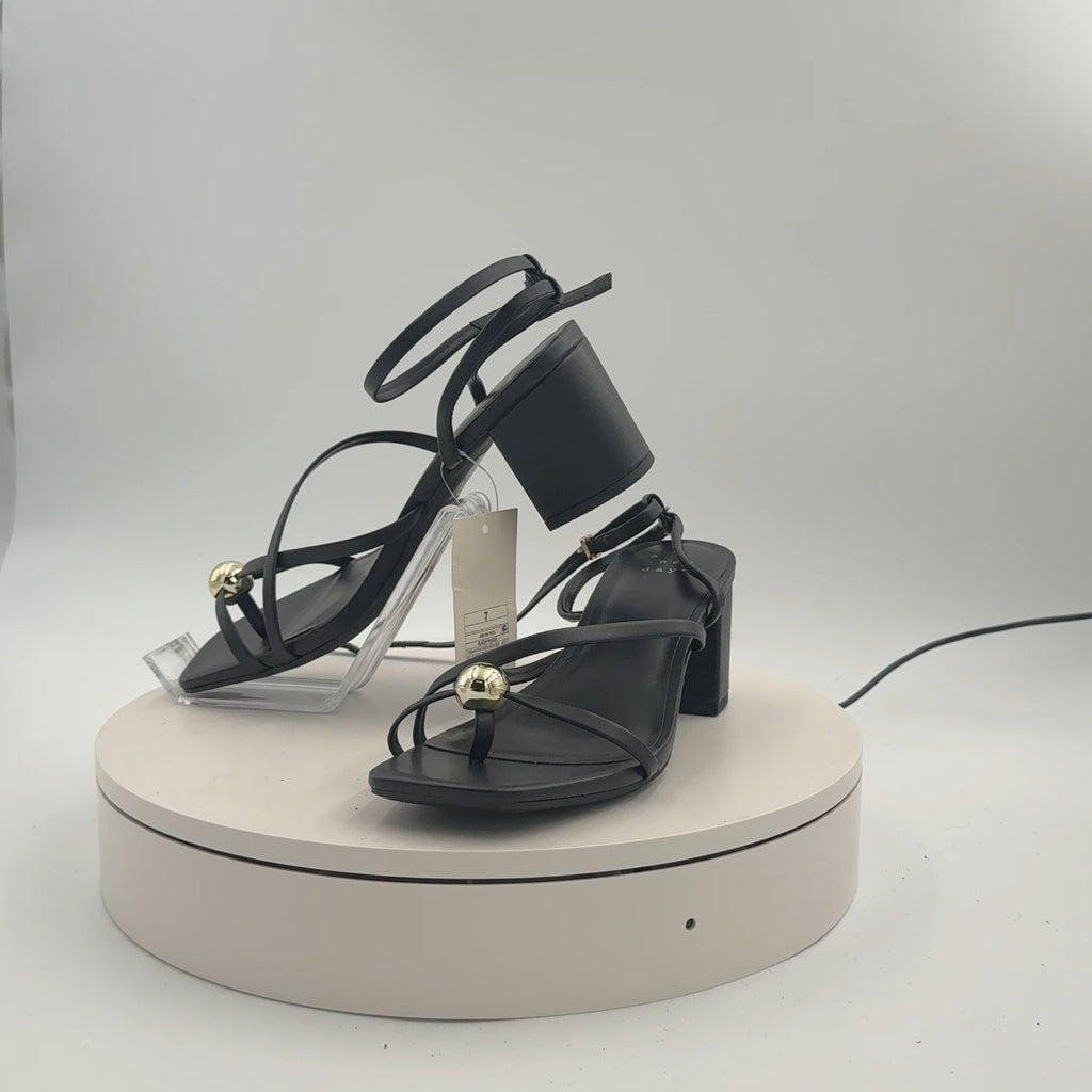 Women's Phoebe Strappy Ball Ornament Heels - A New Day Black 7: Adjustable Buckle, Block Heel, Open Square Toe