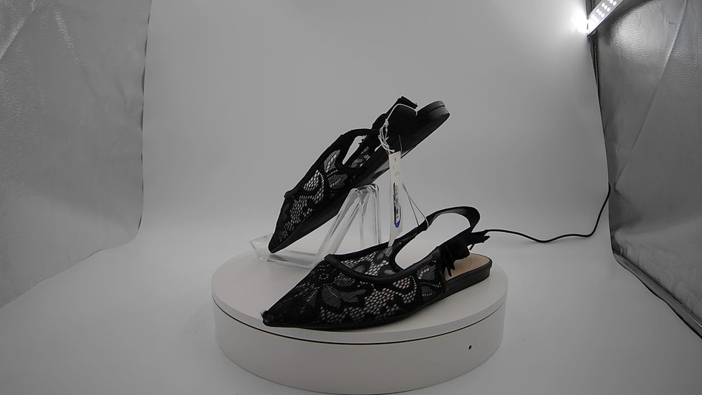 Women's London Lace Sling Back Bow Flats - A New Day Black 7: Cushioned Insole, Pointed Toe