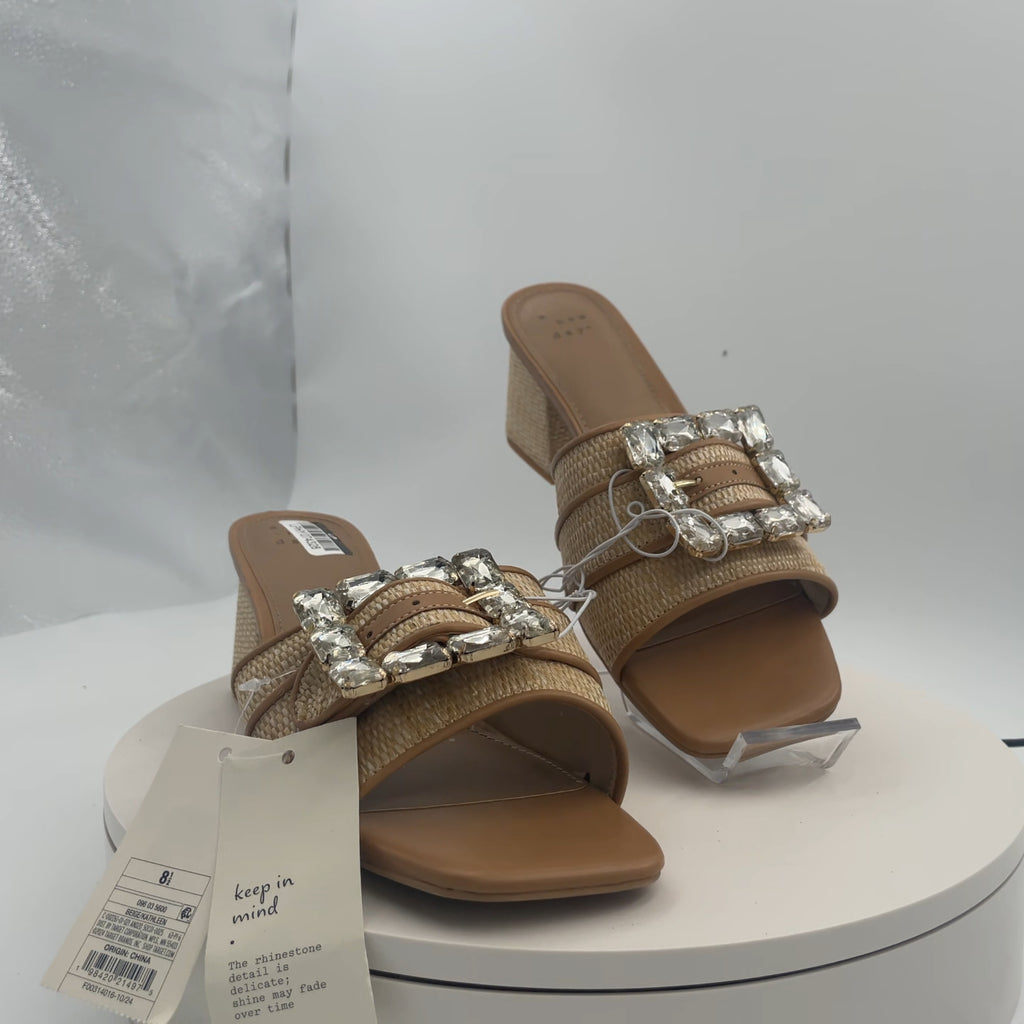 Women's Kathleen Raffia Buckle Block Heels - A New Day Beige 8.5: Slip-On Open Square Toe Pumps