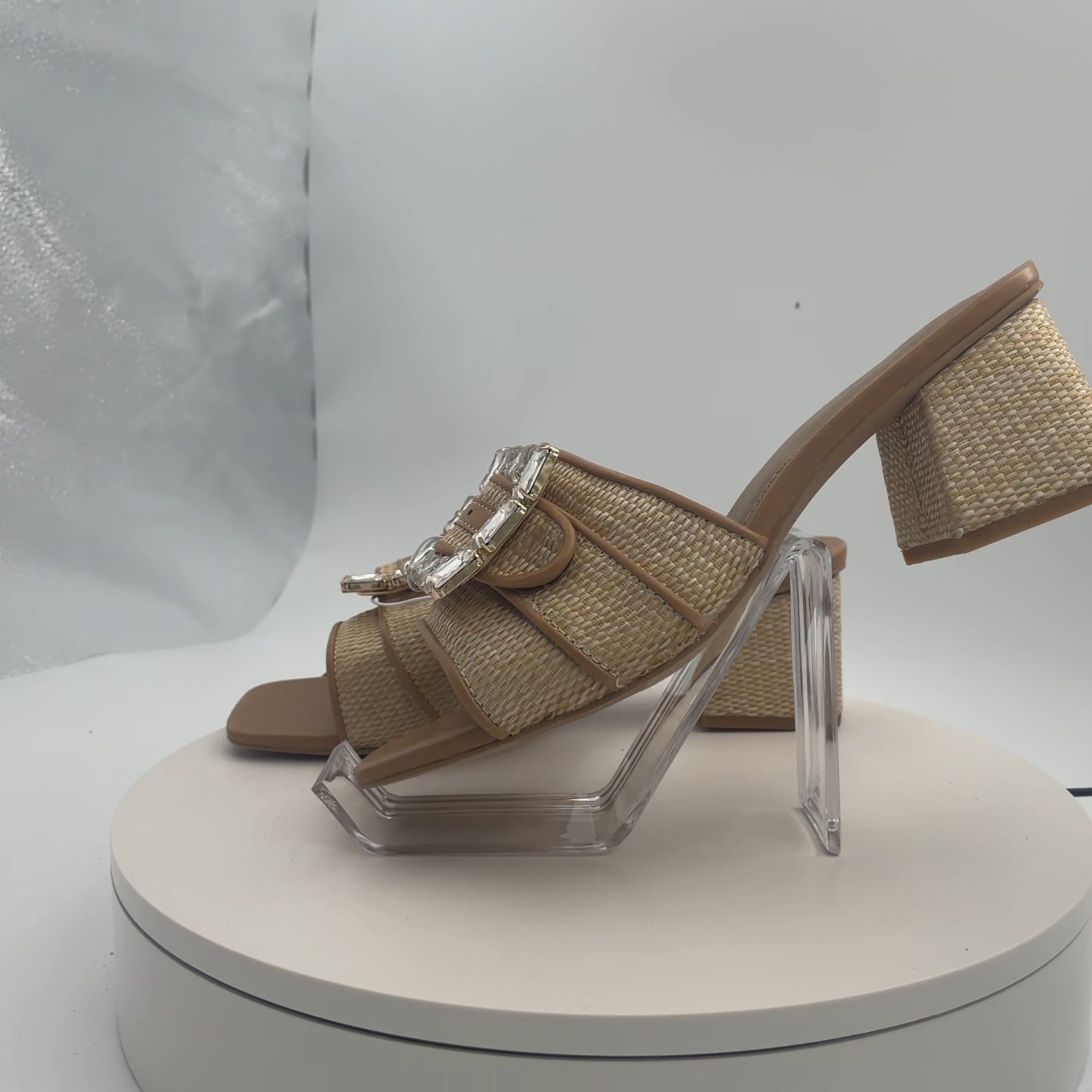 Women's Kathleen Raffia Buckle Block Heels - A New Day Beige 8.5: Slip-On Open Square Toe Pumps