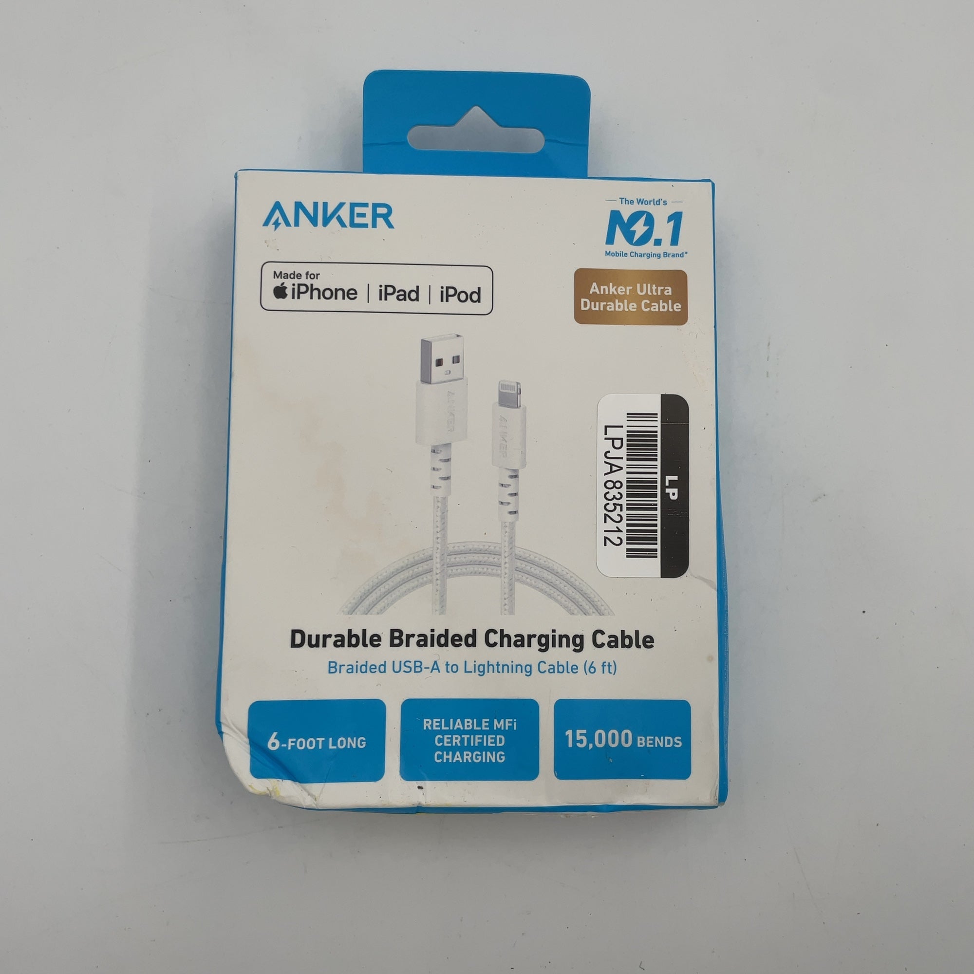 Anker 6' Braided Lightning To Usb-A Charging Cable - White: Apple Lightning Connector