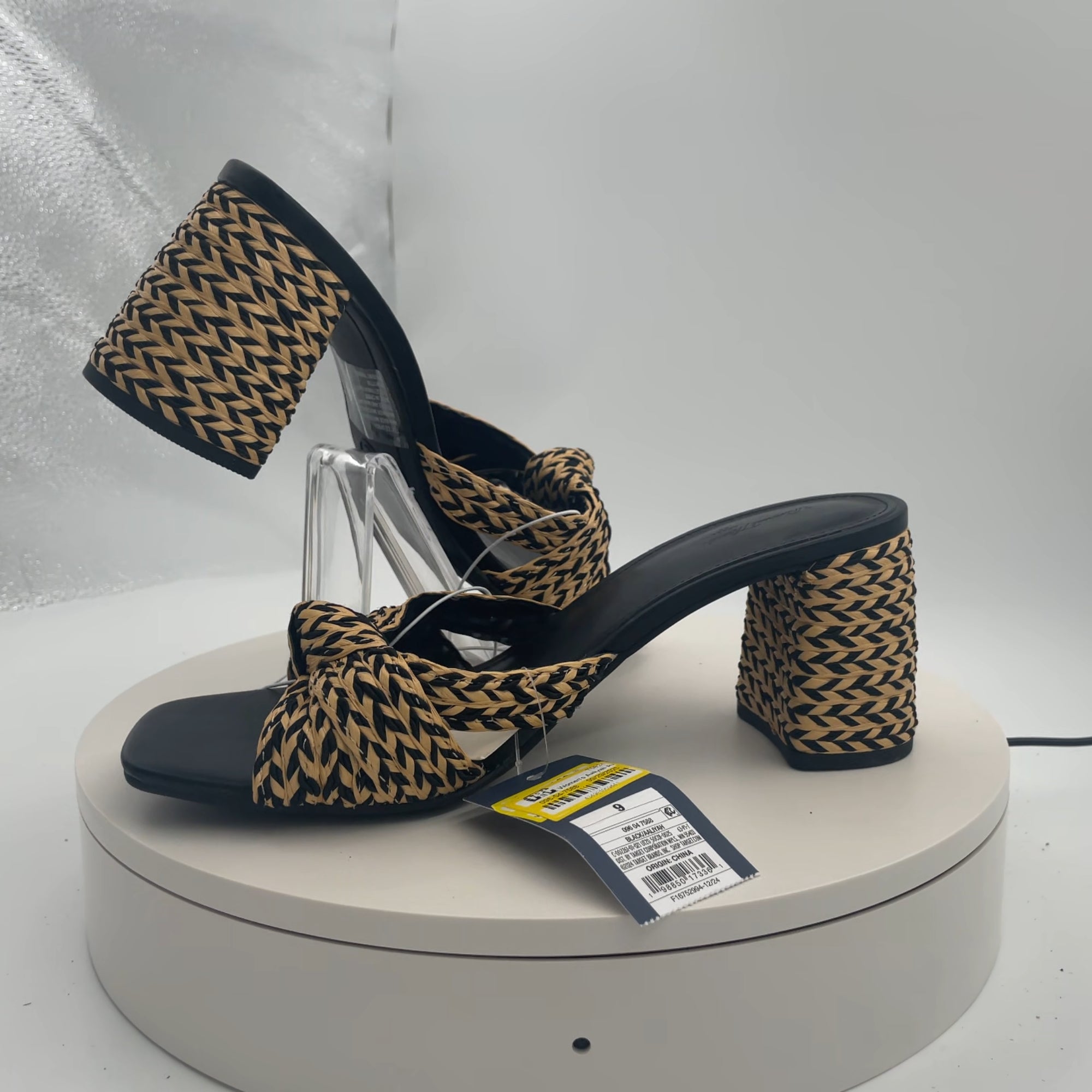Women's Aaliyah Raffia Strappy Knot Sandal Heels - Universal Thread Black 9: Slip-On, Block Heel, Open Square Toe