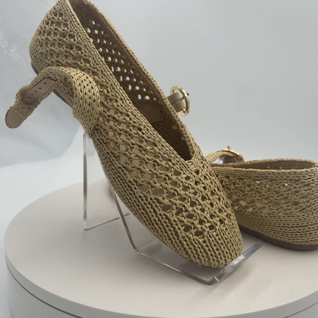 Women's Sia Knit Woven Mary Jane Flats - Universal Thread Beige 7.5: Cushioned Insole, Buckle Closure, Textured Outsole